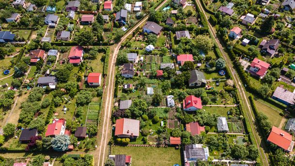 Wide angle aerial view of recreational and vegetable gardens in Ilawa, Poland, photo taken from drone - Photo, Image