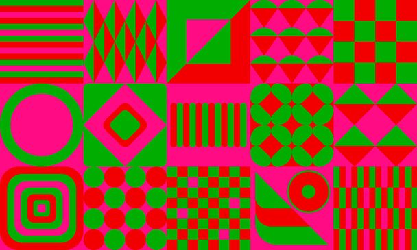 Extrem starker Farbkontrast. Grüner, roter, pinkfarbener geometrischer Hintergrund mit Quadraten und Kreisen. Vektortapete grafische Illustration. - Vektor, Bild