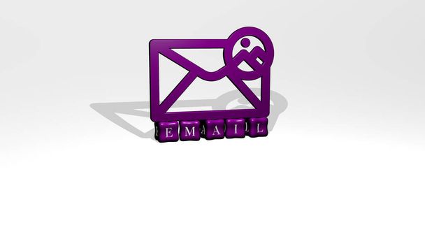 3D przedstawienie e-maila z ikoną na ścianie i tekst ułożone metalicznymi liter sześciennych na podłodze lustra dla znaczenia koncepcji i prezentacji pokaz slajdów. Ilustracja i biznes - Zdjęcie, obraz