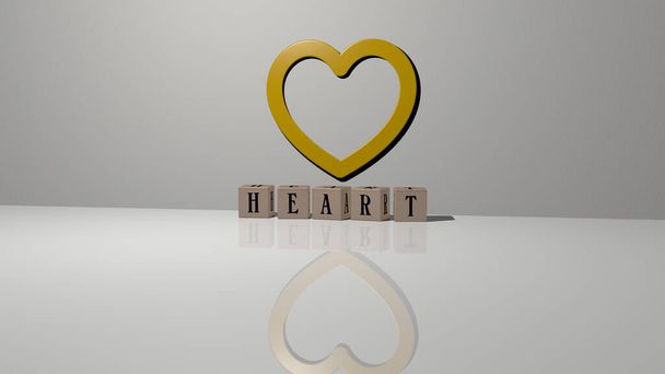 Duvarında simge olan HEART 'ın 3 boyutlu temsili ve kavram ve slayt gösterisi sunumu için ayna zemininde metalik kübik harflerle düzenlenmiş metin. Resim ve arkaplan - Fotoğraf, Görsel