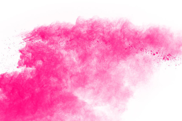 Tiivistelmä vaaleanpunainen jauhe roiskunut tausta, jäädyttää liikkeen väri jauhe räjähtää / heittää väri jauhe, väri glitter rakenne valkoisella pohjalla. - Valokuva, kuva