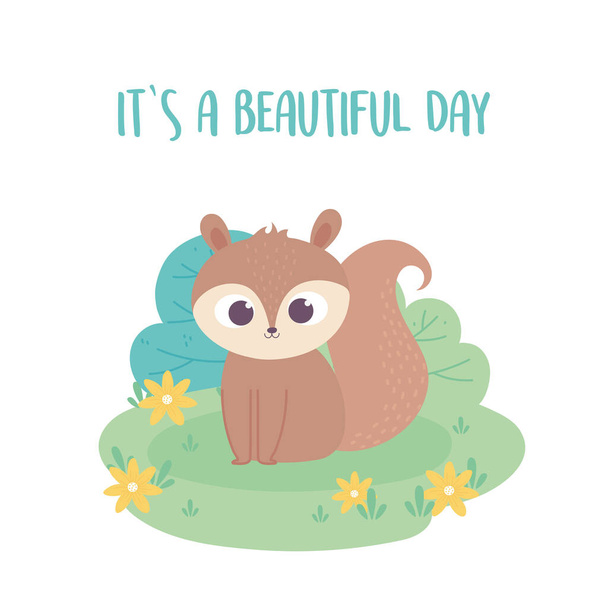 cute little squirrel cartoon animal adorable with flowers - Vector, Image