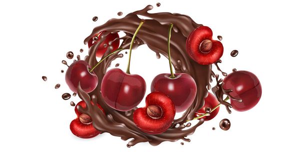 Whole and sliced cherries in a chocolate splash. - Vektor, kép