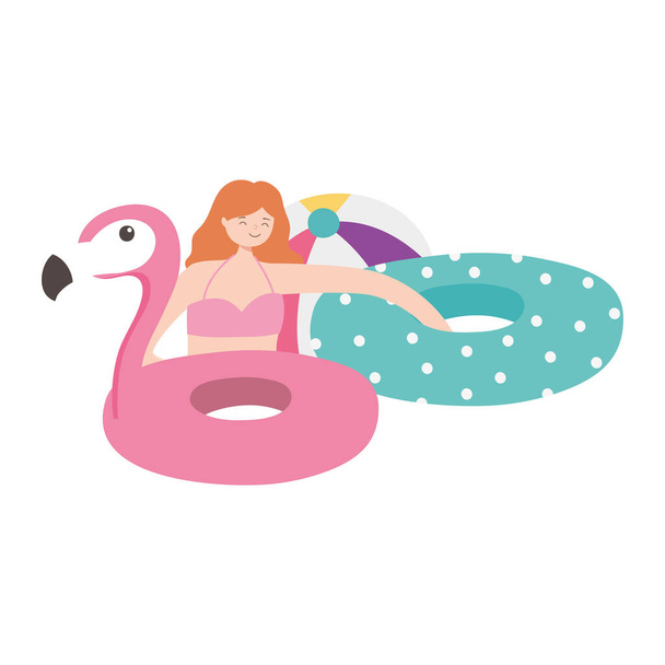 summer time woman in swimsuit with two inflatable floats and ball vacation tourism - Vector, Image
