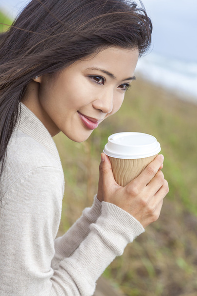 Asian Chinese Woman Girl Drinking Coffee Outside - Photo, Image