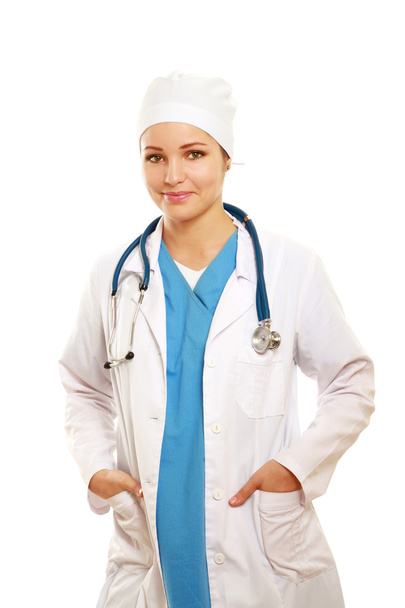 A portrait of a female doctor in uniform with a stethoscope - Zdjęcie, obraz