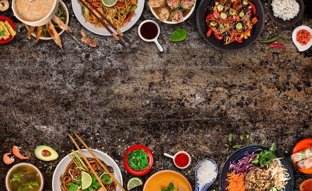 Asian food background with various ingredients on rustic stone background , top view. - Zdjęcie, obraz
