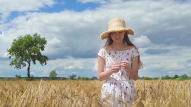 Beautiful happy Girl in hat walking through golden Barley field and holds spikelet in her hands. Female child in white dress on cereal field, go to the camera. Slow motion. - Filmagem, Vídeo