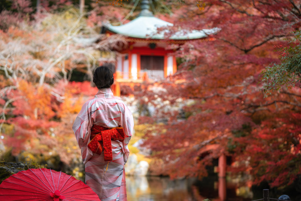 Nuori japanilainen tyttö matkaaja perinteisessä kimino mekko seisoo Digoji temppelissä punainen pagodi ja punainen vaahteranlehti syksyllä Kiotossa, Japanissa. Japani matkailu, luonto elämää, tai maisema eniten vieraili nähtävyyksiä käsite. - Valokuva, kuva