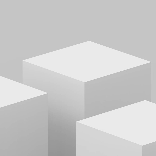 3Dグレーの白いキューブとボックスの表彰台最小シーンスタジオの背景。概要3D形状オブジェクトイラストレンダリング。オンラインビジネス製品の表示. - 写真・画像