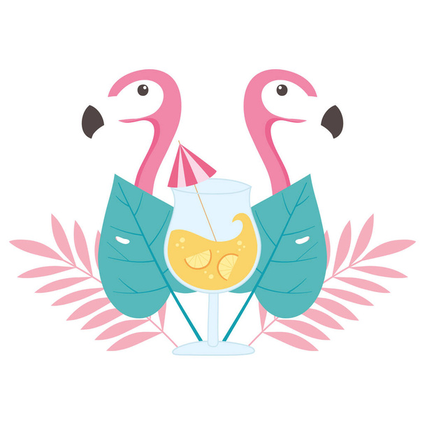 summer time vacation tourism flamingo birds cocktail and leaves tropical - Vector, Image
