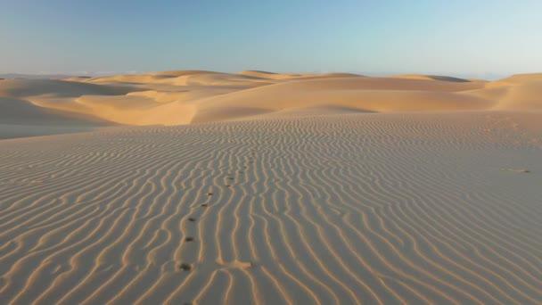 4K vista aerea drone volare da belle dune di sabbia ondulata in luce dolce alba - Filmati, video
