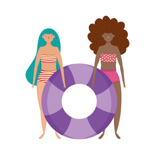 ihmiset kesään liittyvä suunnittelu, nuoret naiset uimapuvut ja puhallettava float sarjakuva - Vektori, kuva