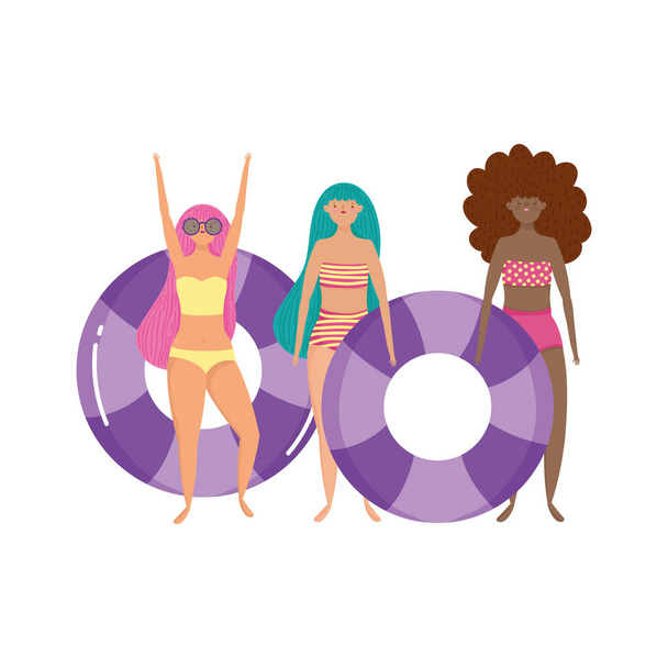 people summer related design, group women with swimsuit and floats isolated icon - Vector, Image