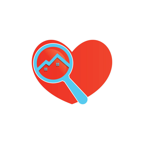 Trouvez Love and Home Logo Design. Magnifier le logo de maison de coeur en verre pour la propriété immobilière. - Vecteur, image