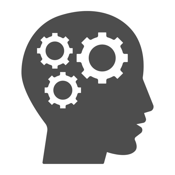 Gears in head solid icon, idea and innovation concept, human mind and three cogs sign on white background, Human head with set of gears icon in glyph style for mobile, web. Vector graphics. - Wektor, obraz