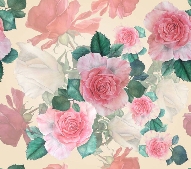 Vintage floral seamless pattern. Watercolor roses. Botanical illustration - Photo, Image