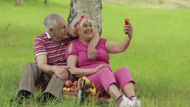 Perheviikonlopun piknik. Vanhempi vanha isovanhemmat pari puistossa älypuhelimella ja tekee selfie - Materiaali, video