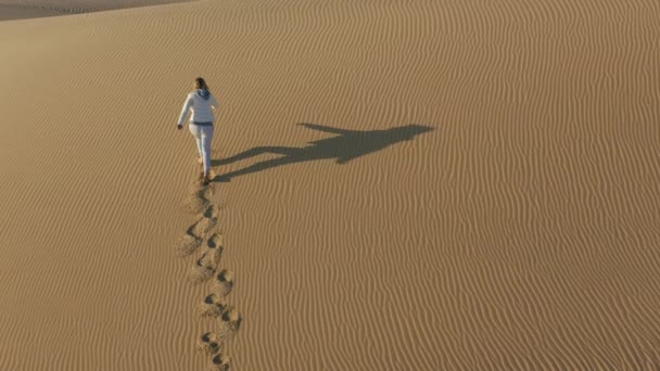 Vista aerea al rallentatore 4K della donna che sale sulla cima della duna di sabbia, natura USA - Filmati, video