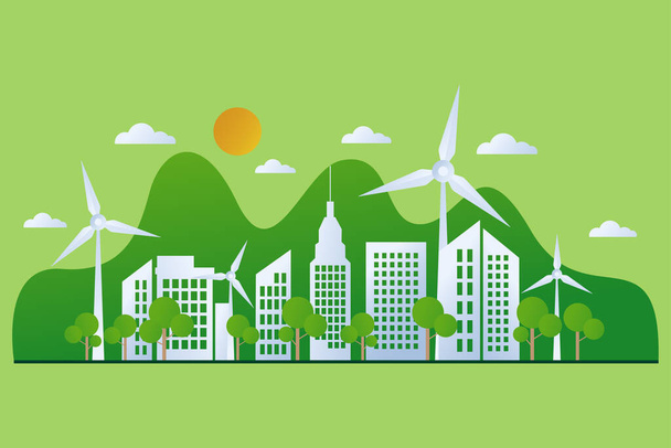 Zielone Miasto. Idź zielone wezwanie do globalnego zrównoważonego rozwoju i zdrowego środowiska planety. Ekologia, recykling i energia odnawialna ruchy społeczne i biznesowe. - Zdjęcie, obraz