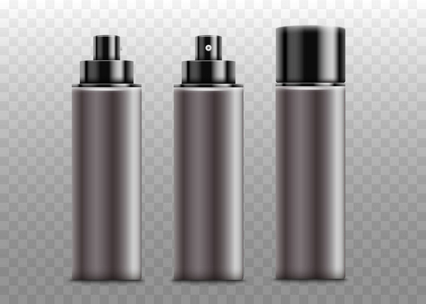 Set of realistic mockup sprays in a plastic and metal bottle with a cap. - Vecteur, image