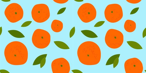 青い背景に鮮やかなオレンジの柑橘類のシームレスなパターン。熟したオレンジとみかんと葉。現代的な抽象的なデザインのパッケージ、服のプリント、ファブリック - ベクター画像