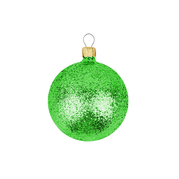 Один зеленый стеклянный шар на белом фоне изолированные крупным планом, украшение рождественской елки, один блестящий круглый безделушка, традиционный новогодний декор элемент дизайна, декоративные красочные Xmas висит игрушка - Фото, изображение