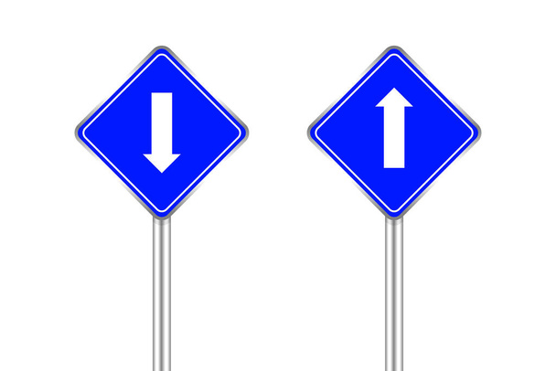Verkehrszeichen blau-weißer Pfeil nach oben und unten, Verkehrszeichen blau isoliert auf weiss, blaues Verkehrszeichen voraus und runter, Warnschild und Stahlmast für Wegweiser - Vektor, Bild