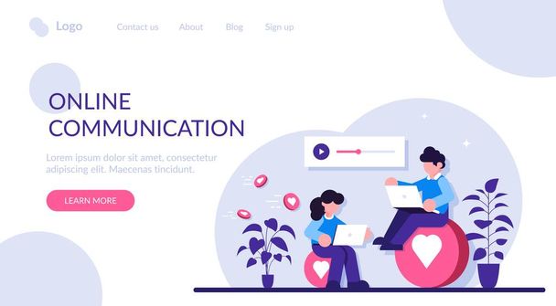Online communication concept. A man and a woman communicate through social messengers, evaluate each other is content and photos. Modern flat illustration. - Vector, Image