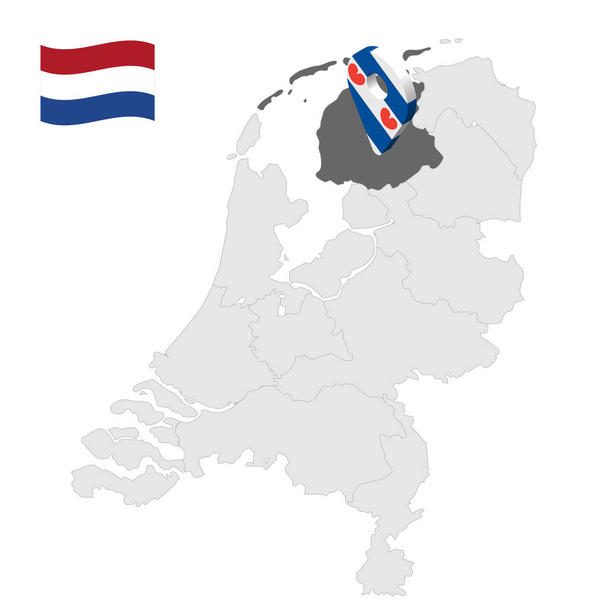 Lage von Friesland auf der Karte Niederlande. 3d Ortsschild ähnlich der Flagge von Friesland. Qualitätskarte mit Provinzen der Niederlande für Ihr Design. EPS10. - Vektor, Bild