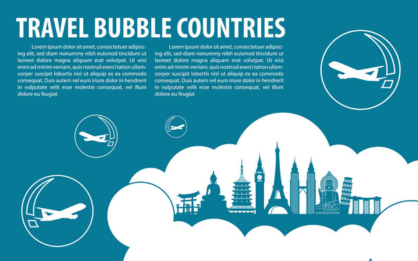 Concept art of travel bubble by landmarks symbols with corona virus situation - Vector, Image
