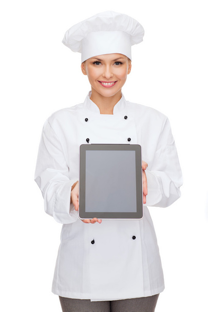Smiling female chef with tablet pc blank screen - Фото, изображение