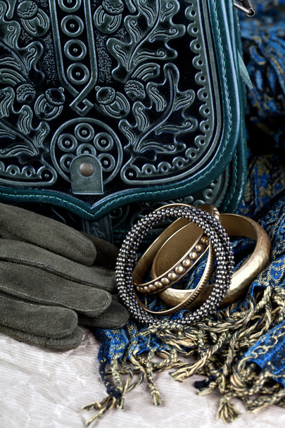 vintage bag, leather gloves, bracelets and scarf - Photo, Image