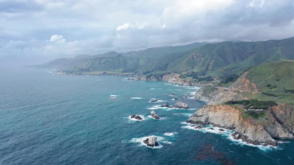 Inspiring view of the mountainous ocean coastline under the overcast sky. Aerial footage. - Footage, Video