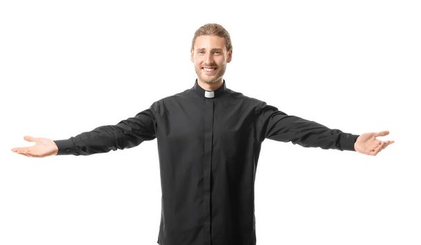 Красивый священник на белом фоне - Фото, изображение