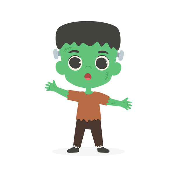 Tatlı Frankenstein Yeşil Çocuk Cadılar Bayramı Çizgi Film Vektör İllüstrasyonu - Vektör, Görsel