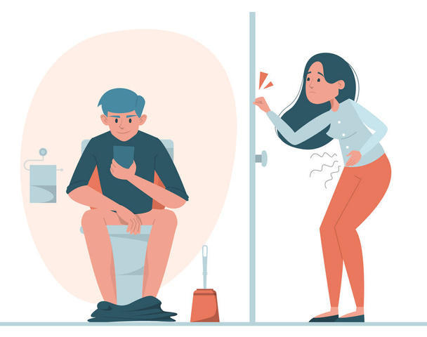 Man sitting on toilet with mobile phone vector isolated. Person in restroom. Funny illustration, guy in lavatory and woman waiting at the door. Girl need to pee, but the toilet is locked. - Vector, Image