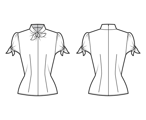 Illustrazione tecnica di moda annodata con scollo alto, maniche a volume gonfio, chiusura posteriore con zip - Vettoriali, immagini