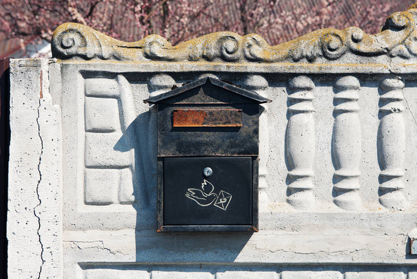 Vanha postilaatikko kirjeitä metalli laatikko ruoste roikkuu aidan taustalla kukkivat puut - Valokuva, kuva