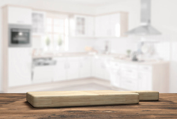 mesa de madera con tabla de cortar delante de la cocina borrosa - Ilustración 3D
 - Foto, Imagen