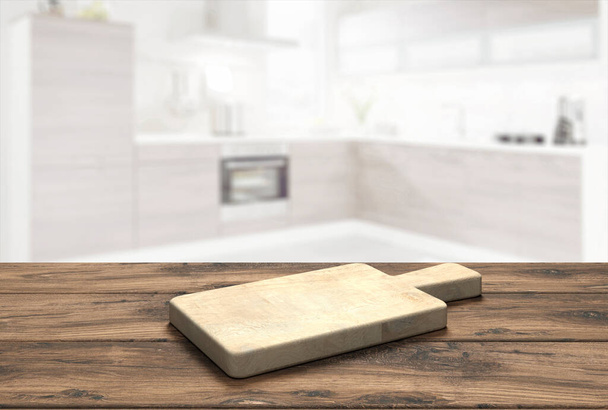piano in legno con tagliere davanti alla cucina sfocata - Illustrazione 3D - Foto, immagini
