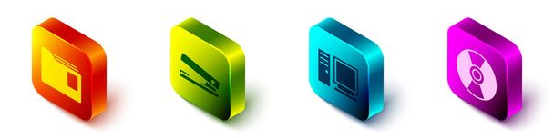 Ustaw folder Isometric Document, zszywacz biurowy, monitor komputera i ikonę dysku CD lub DVD. Wektor. - Wektor, obraz