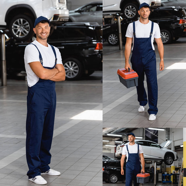 collage de mecánico feliz en uniforme y gorra de pie con los brazos cruzados y caminando con caja de herramientas en servicio de coche
 - Foto, Imagen