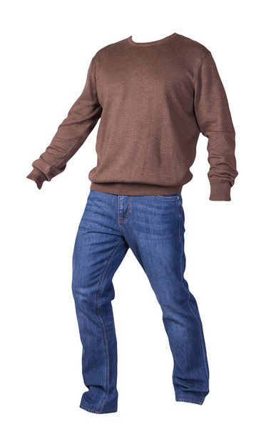 men's brown sweater and blue jeans isolated on white background.casual clothing - 写真・画像
