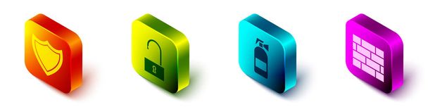 Set Isometric Shield, Open padlock, Fire extinguisher and Bricks icon. Vector. - Vector, Image