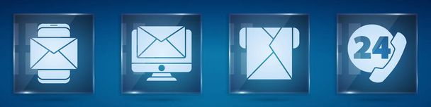 Set Mobile and envelope, Monitor and envelope, Envelope and Telephone 24 hours support. Square glass panels. Vector. - Vector, Image