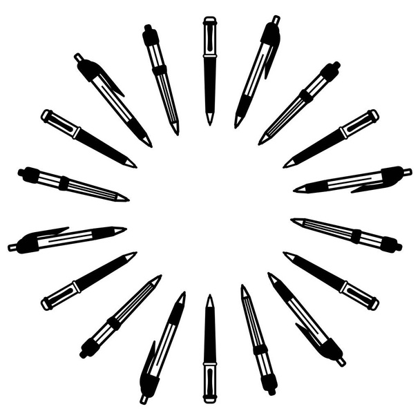 Toimistotarvikkeet, kynät ja kynät. Suunnittelu ympyrässä, mandala. Tekstiavaruus. Liiketoiminnan ja koulutuksen käsitteet. Vektori - Vektori, kuva