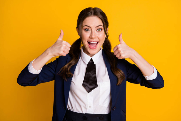 Portrait of excited crazy high school student teenager enjoy academic campus lesson show thumb up sign wear good look uniform isolated over bright shine color background - Photo, Image