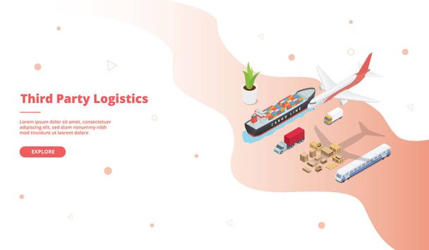Serviço de transporte de logística de terceiros navio caminhão avião trem campanha para web site home homepage bandeira modelo de aterragem com estilo de desenho animado isométrico
. - Vetor, Imagem