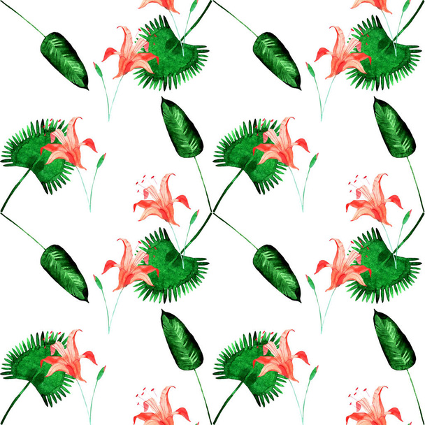 Beyaz arka planda izole edilmiş palmiye, eğreltiotu yaprakları ve zambaklarla kusursuz desenli resimleme - Fotoğraf, Görsel